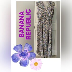 Banana Republic pleated,sleeveless chiffon midi dress abstract floral empire XL